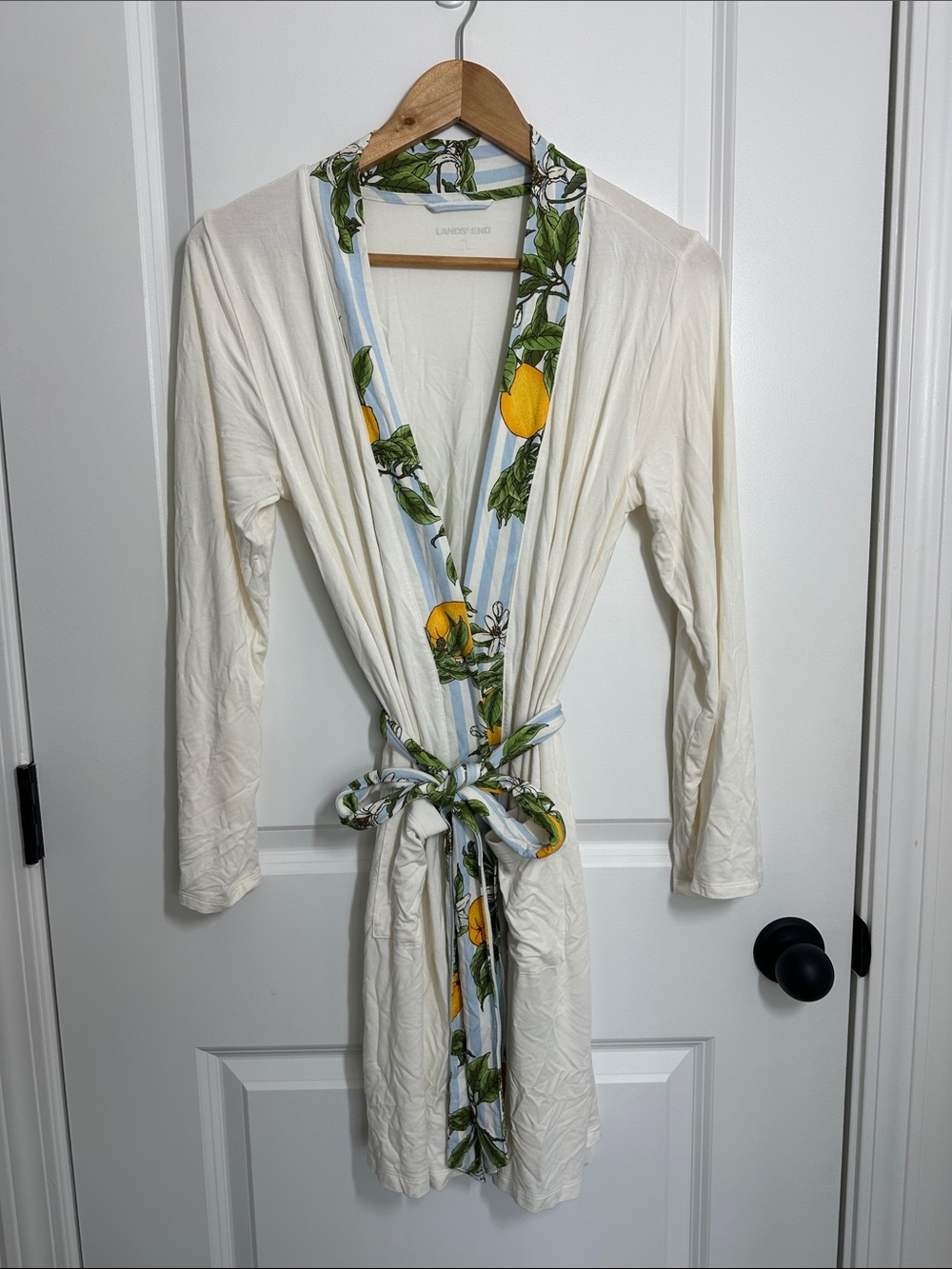 Lands' End Women’s Robe with Lemon-Print Trim Ivory XS